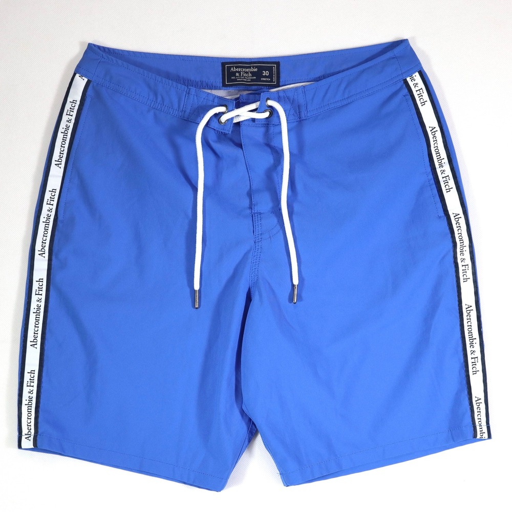 Abercrombie & Fitch Board Shorts Mens 30 Blue Logo Tape Stretch Swim Trunks EUC‎